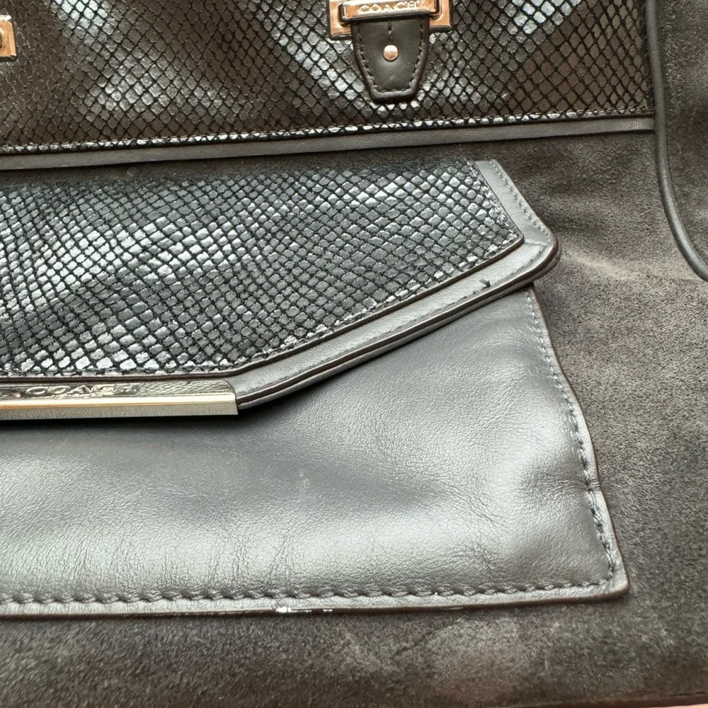 Coach Mixed‑Material Tote — Suede & Embossed Leather — Black/Grey